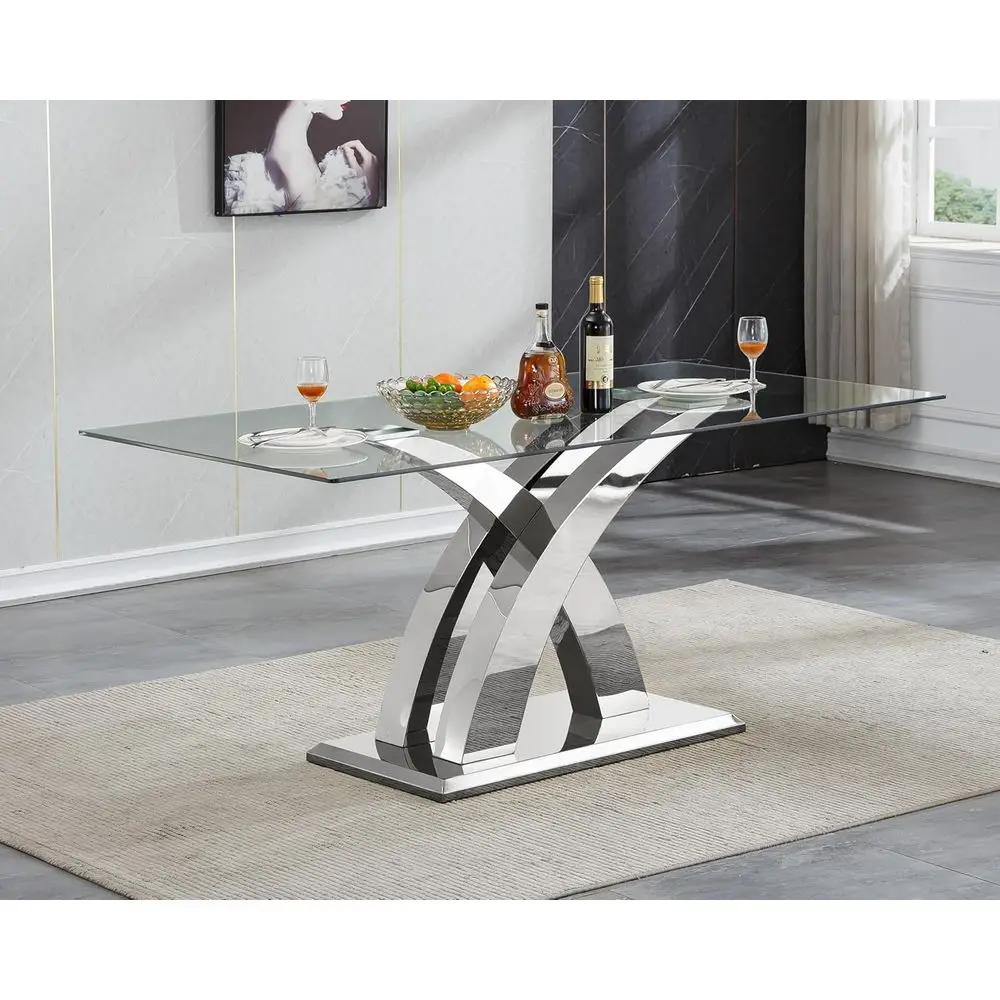 

Large 70 Glass Dining Table with Silver X-Design Stainless Steel Base