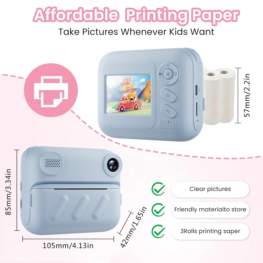 1080P камера с мгновенной печатью, 1300 мАч, цифровая видеокамера с зарядкой типа C, портативная цифровая камера для девочек и мальчиков, подарки на день рождения