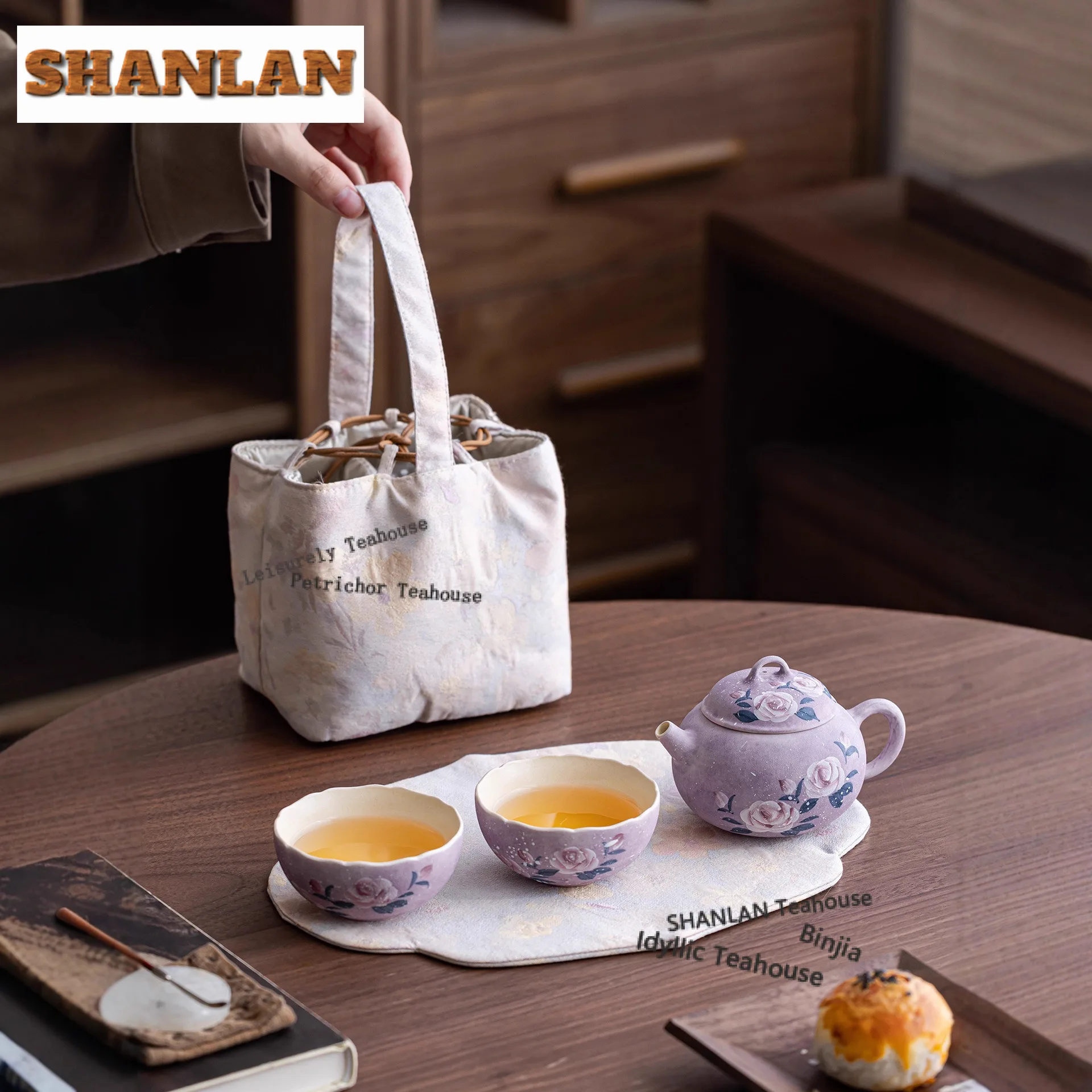 Handmade Purple Rose Travel Tea Set Kit Handmade 1 Pot 2 Cups Tea Maker Organizer Portable Outdoor Handbag Supplies Collection