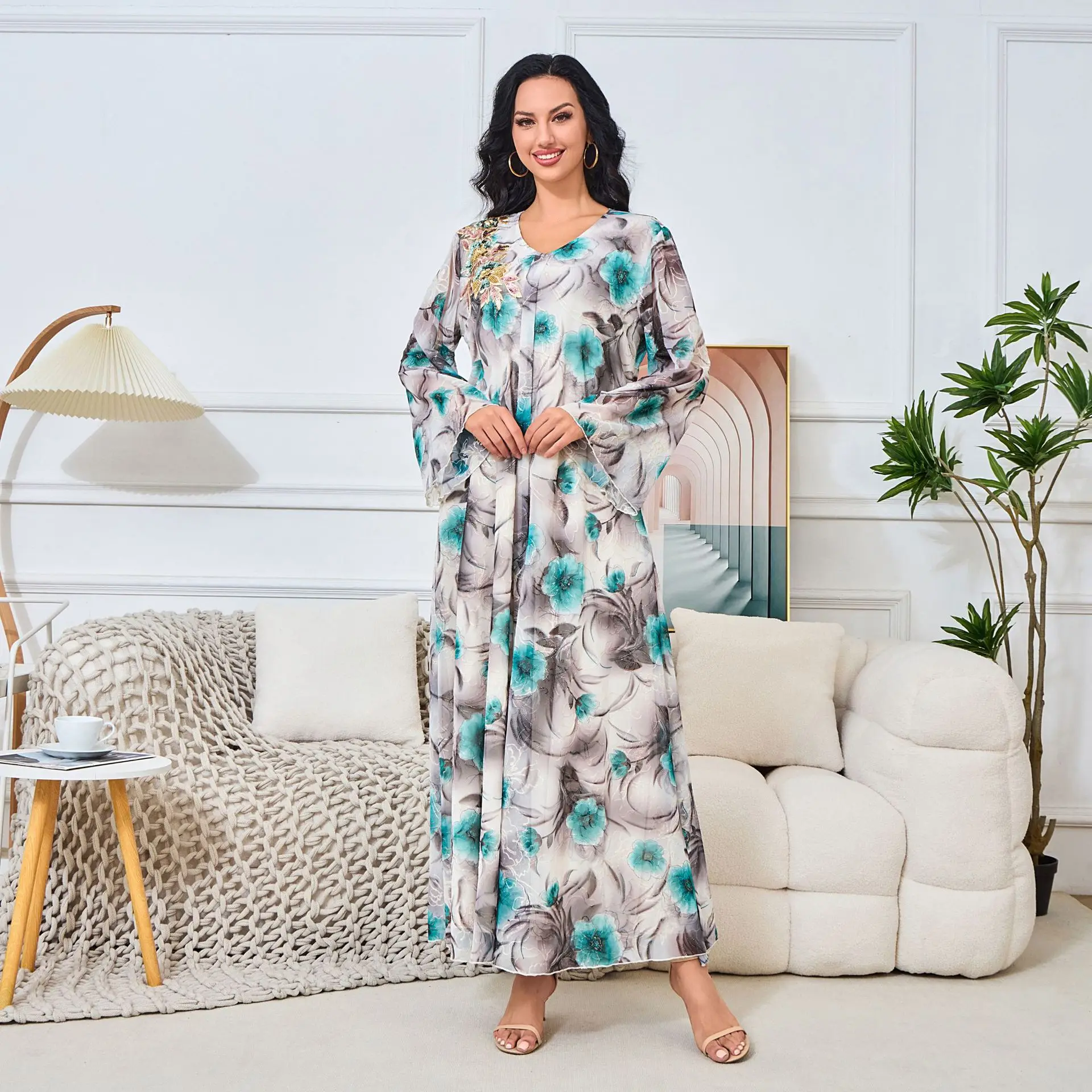 

Мусульманское платье-рубашка с принтом для женщин, длинные рукава, отложной воротник, Дубай, Абая, исламские, Турция-Арабая, длинные платья на шнуровке