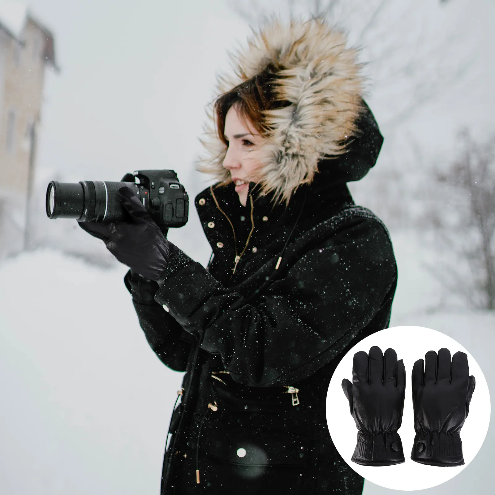

Pair of Black Winter Gloves Anti-Static PU Warm Touchscreen Compatible Outdoor Sports Finger Gloves for Skiing Hiking