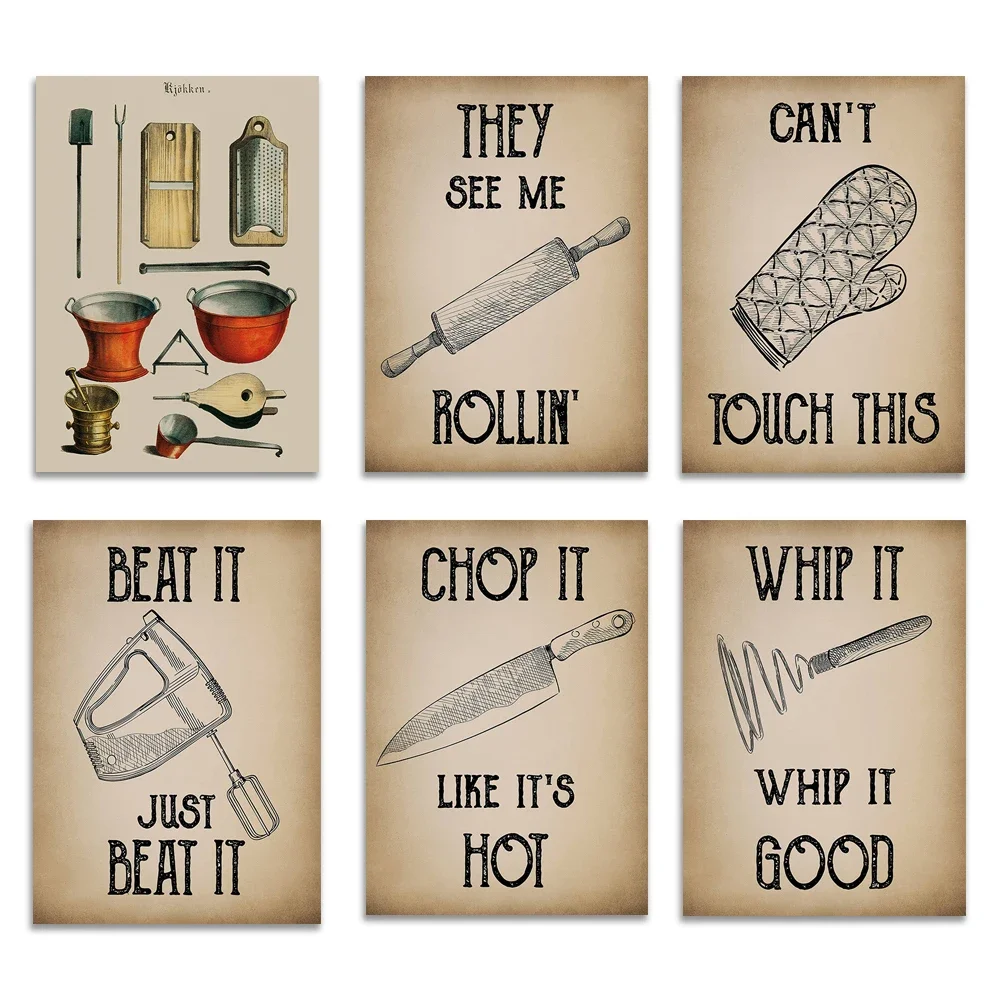 Kitchen signs, Funny signs, Vintage Style,kitchen pun print, kitchen, whip it good, chop it, beat it, they see me, retro