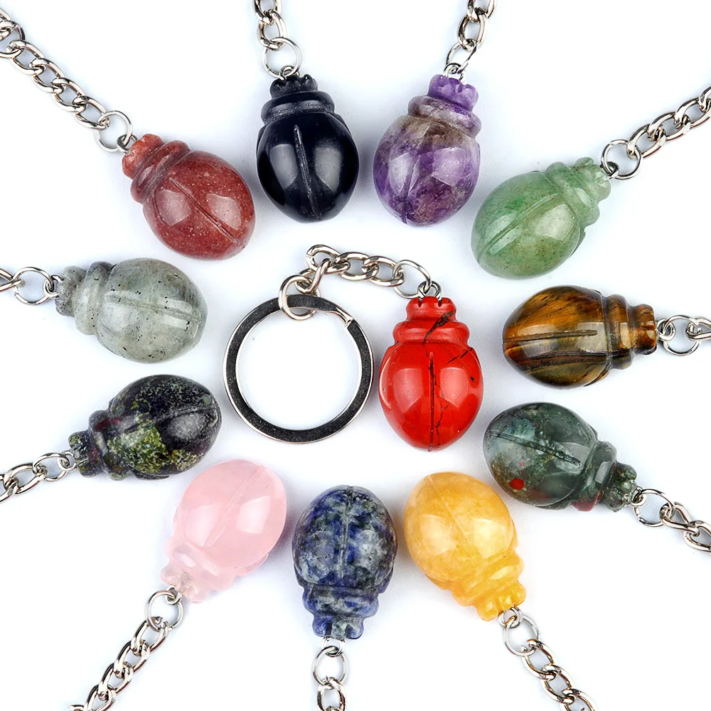 10pcs Carving Little Beetle Stone Key Rings Chakra Gem Charms Keychains Healing Crystal Keyrings for Women Men