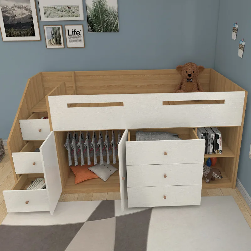 Solid wood half-height bed secret base children's bed with guardrail small apartment