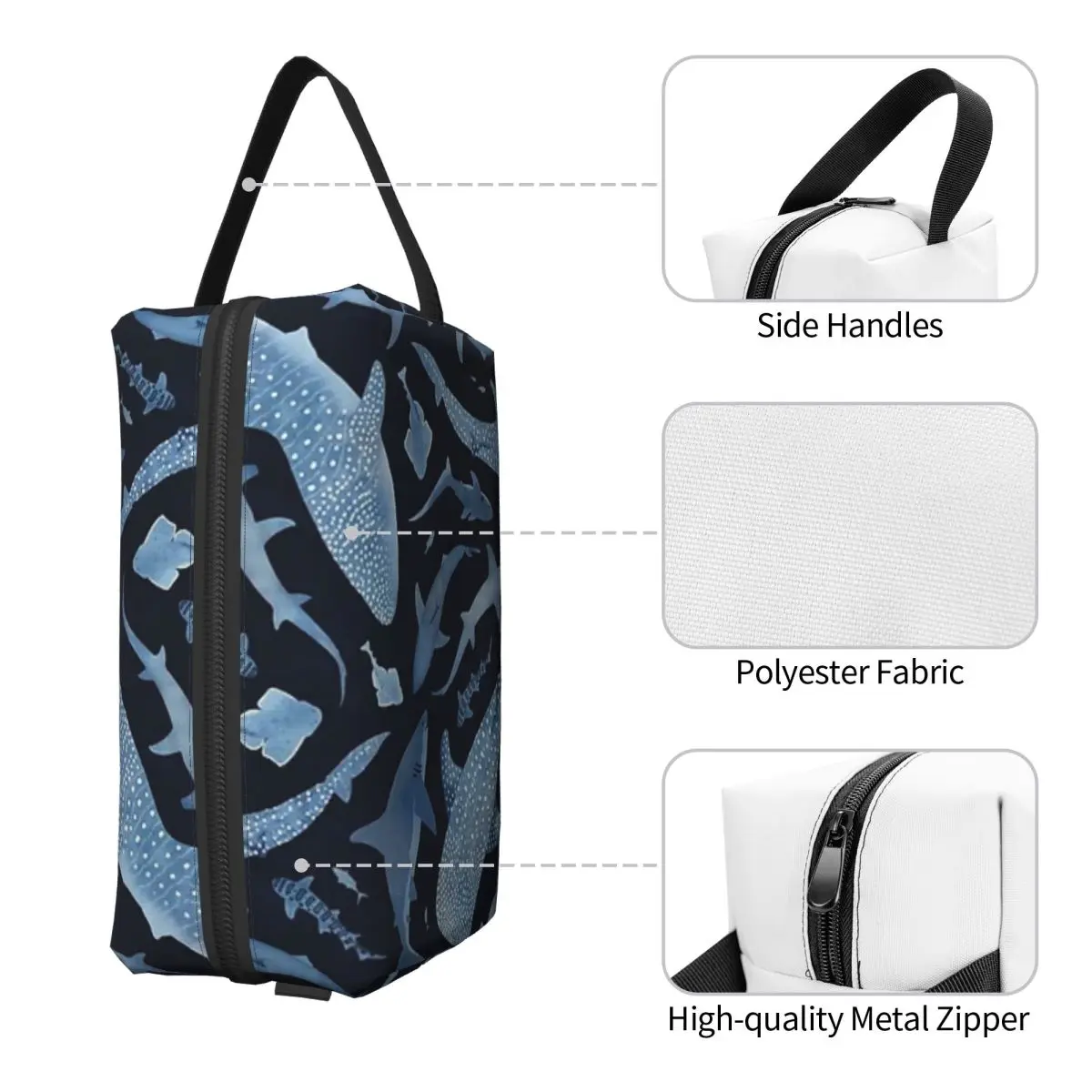 Bolsa de maquillaje monocromática azul acuarela tiburón océano sobre negro para mujer, organizador de cosméticos de viaje, bolsas de aseo de almacenamiento