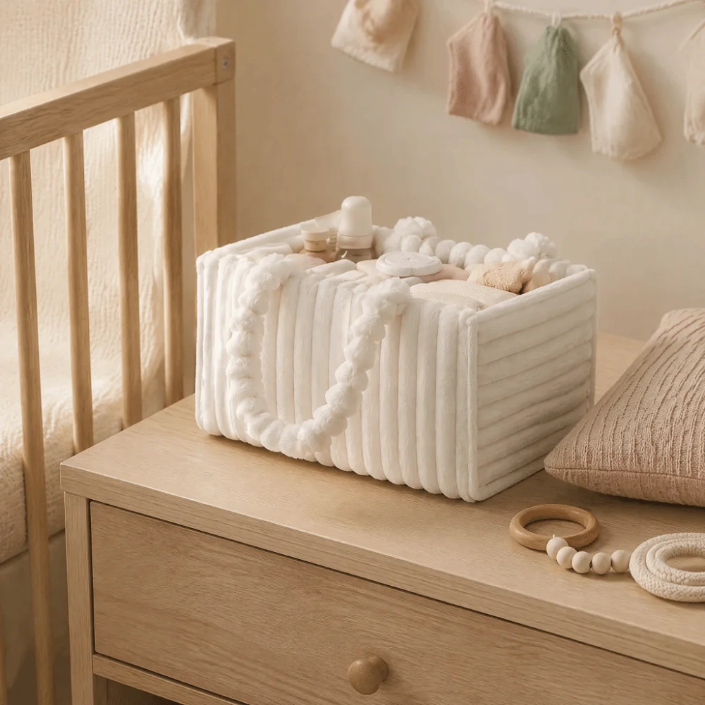 Large Capacity Baby Diaper Organizer Plush Flannel Soft Nappy Organizer Bag Cream Beige Lightweight Mommy Storage Bag Nursery