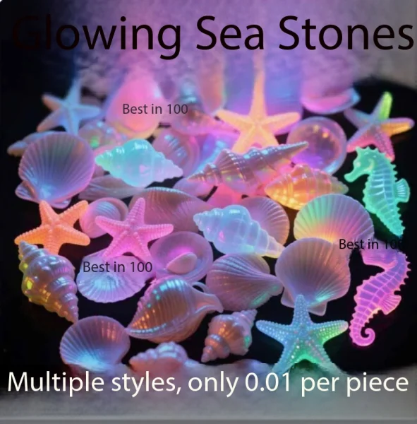 100PCS  Marine Luminous Stones, Colorful Luminous Stones Simulating Shell Starfish Aquarium Landscape Ornaments,  fish aquarium