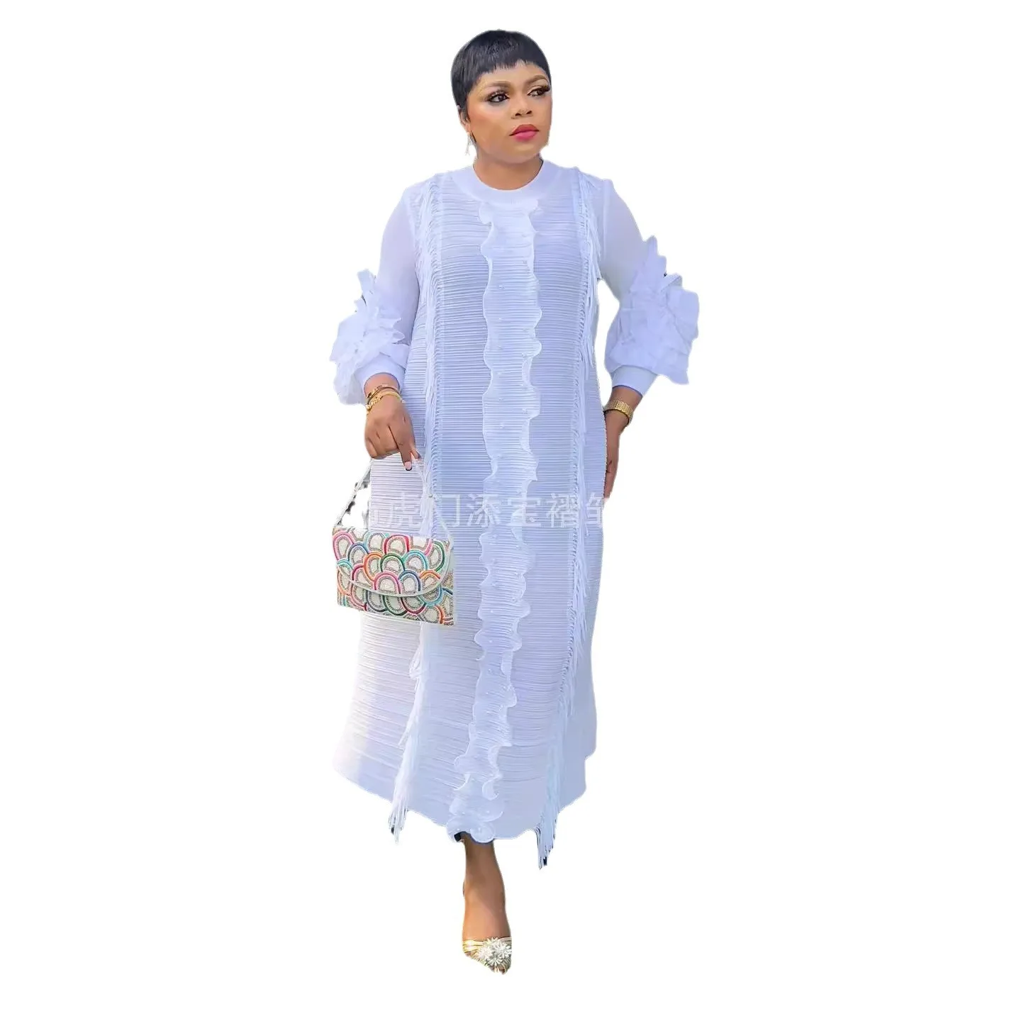 Miyake 스타일 Pleated 드레스 여성 2025 새로운 솔리드 컬러 손으로 크랭크 꽃 레이저 비즈와 밀도 가장자리 대형 우아한 드레스