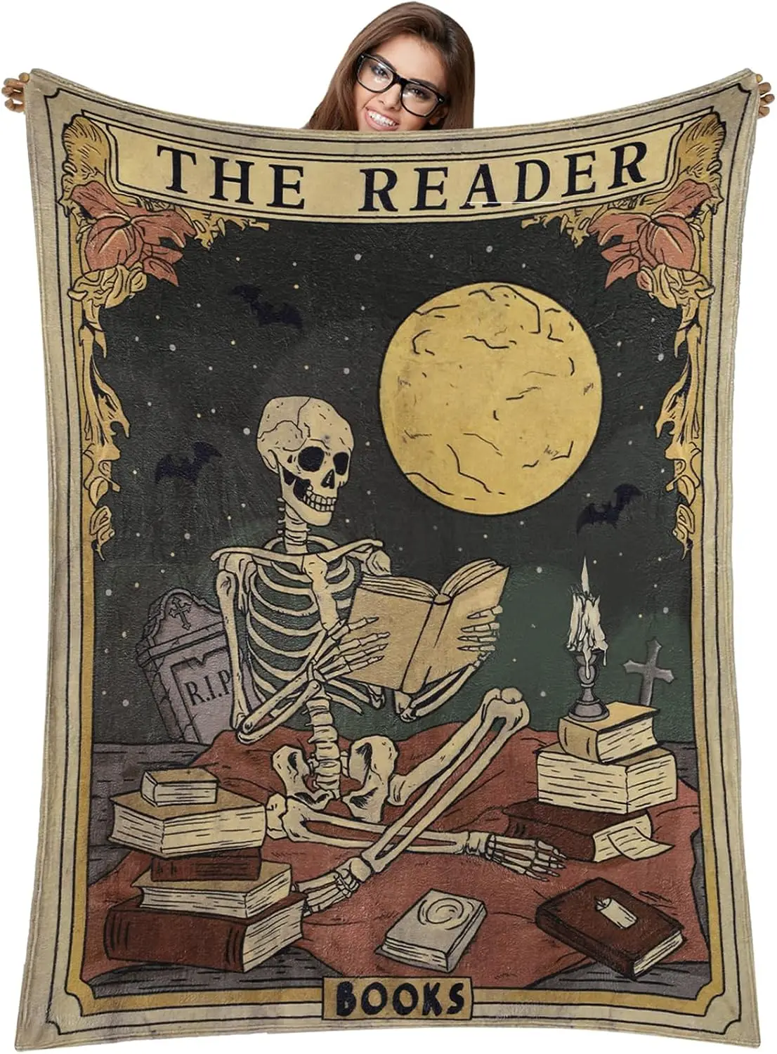 SmoothNovelty Halloween Skeleton Blanket 60 x 50 Inch Book Lovers Gifts Spooky Reading Throw Blanket Bookworm Skeleton Horror Gifts for Basket Women Bookish Librarian Book Club Reader
