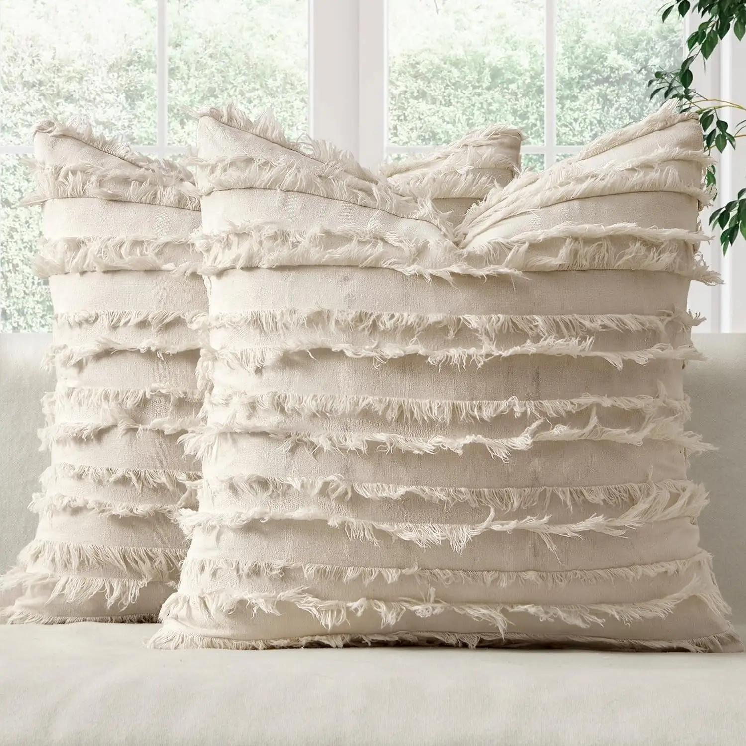 Boho Throw Pillow Covers Set of 2 Spring Neutral Linen Striped Jacquard Pattern Modern Cushion Covers for Sofa Couch 18x18 Inch
