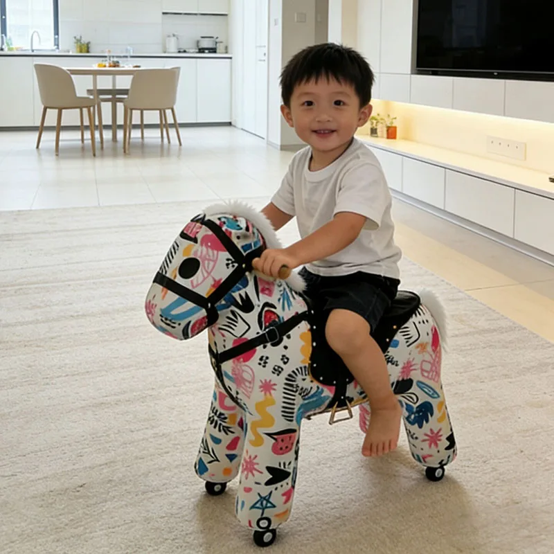Home Furniture Graffiti Cartoon Kid Rocking Horse Stool Cute Cartoon Animal With Pulley Wooden Horse Seat Creative Birthday Gift