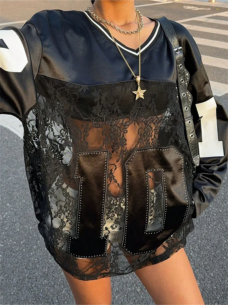 2026 Sommer Damen Y2K Street Jersey Sternennummer-Print Transparente Spitzenpaneele Oversize Drop-Shoulder Gestreiftes V-Ausschnitt Langarm T-Shirt – Detail 7