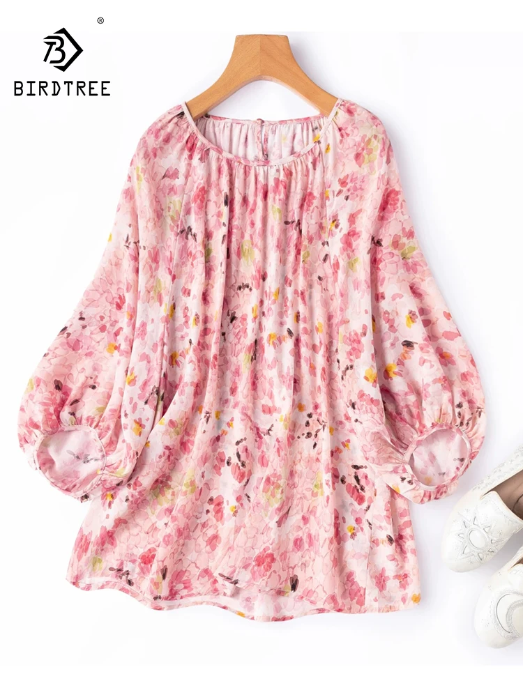 

BirdTree-100%Real Silk Double Crepe Elegant T-Shirt, Lantern Sleeve Print, Women Age Reduction Loose Top, 2026 Summer T65731CC