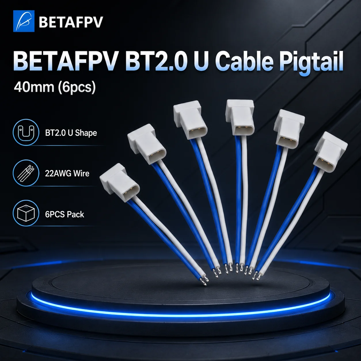 BETAFPV BT2.0 U Cable 6PCS 40mm 22AWG Male Connector 9A Continuous 15A Peak Power Pigtail For 1S FPV Whoop AIO Flight Controller