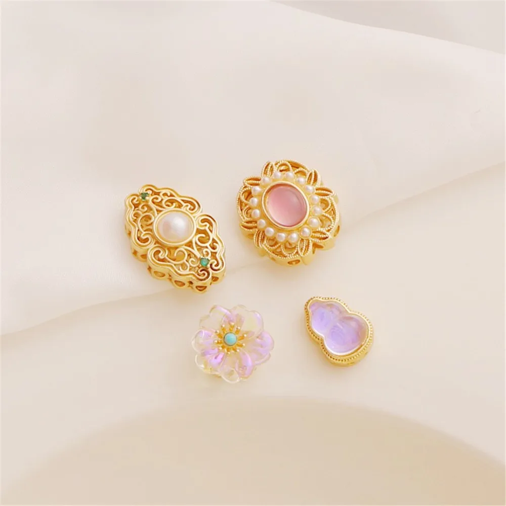Perla con incrustaciones de Color dorado mate de 18K, cuentas de concha de piedra de luz de luna de circón, cuentas huecas, pulsera Diy, collar, calabaza, flor pequeña
