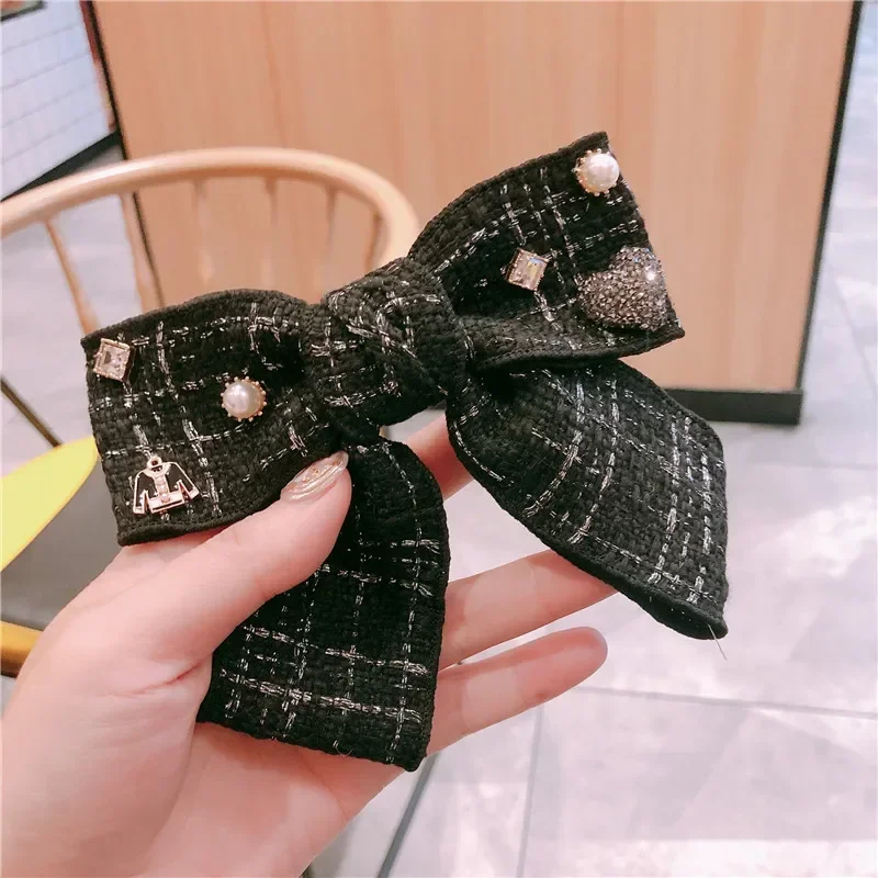 Elegant Plaid Cloth Hairpins Adult Crystal Heart Pearl Luxury Fabric Bow Hair Clip Pin for Girls Women Hair Jewelry Headpiece