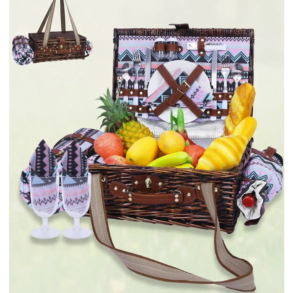 

Large Willow Picnic Basket for 2 with Insulated Cooler & Waterproof Blanket - Outdoor Camping Beach Romantic Dates