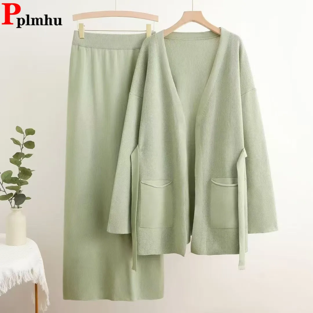 Fall Winter Knitted Solid 2 Piece Sets Women Knitwears Sweater Solid Cardigan Tops Conjuntos Casual High Waist Skirts Outfit New