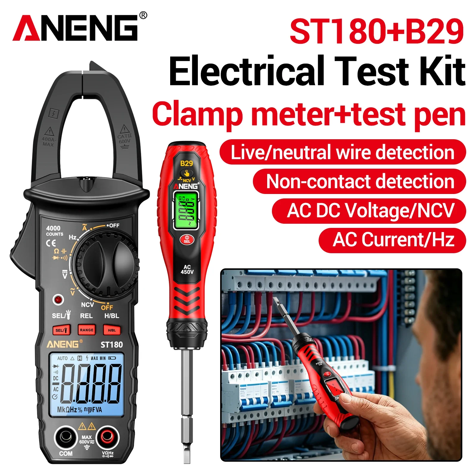 ANENG ST180 Clamp Meter B29 Voltage Test Pen Kit NCV Flashlight Auto Power Off Household Car Electrical Repair Measuring Tester
