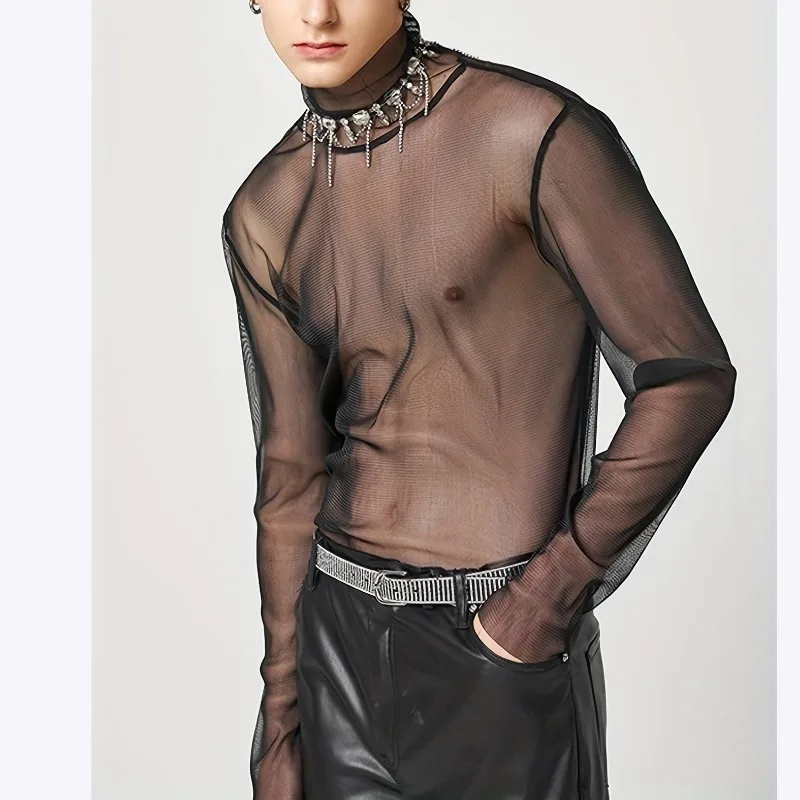 

2026 Turtleneck Long-sleeved Shoulder-down Perspective T-shirt Men's Sexy Breathable Mesh Top Bottoming Shirt Men's