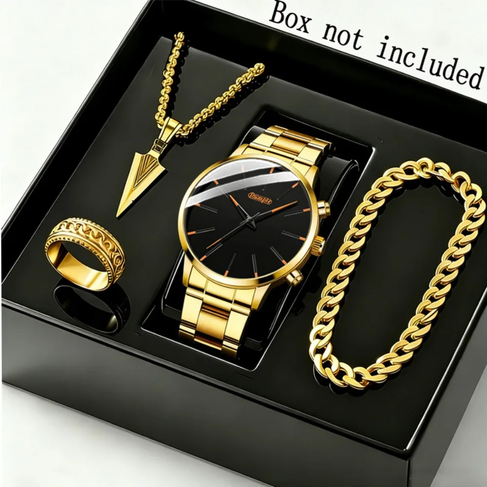 4pcs/set Men's Watch and Triangle Spearhead Necklace Set Combo - Luxury Analog Quartz Wristwatch Date Casual Business Watch