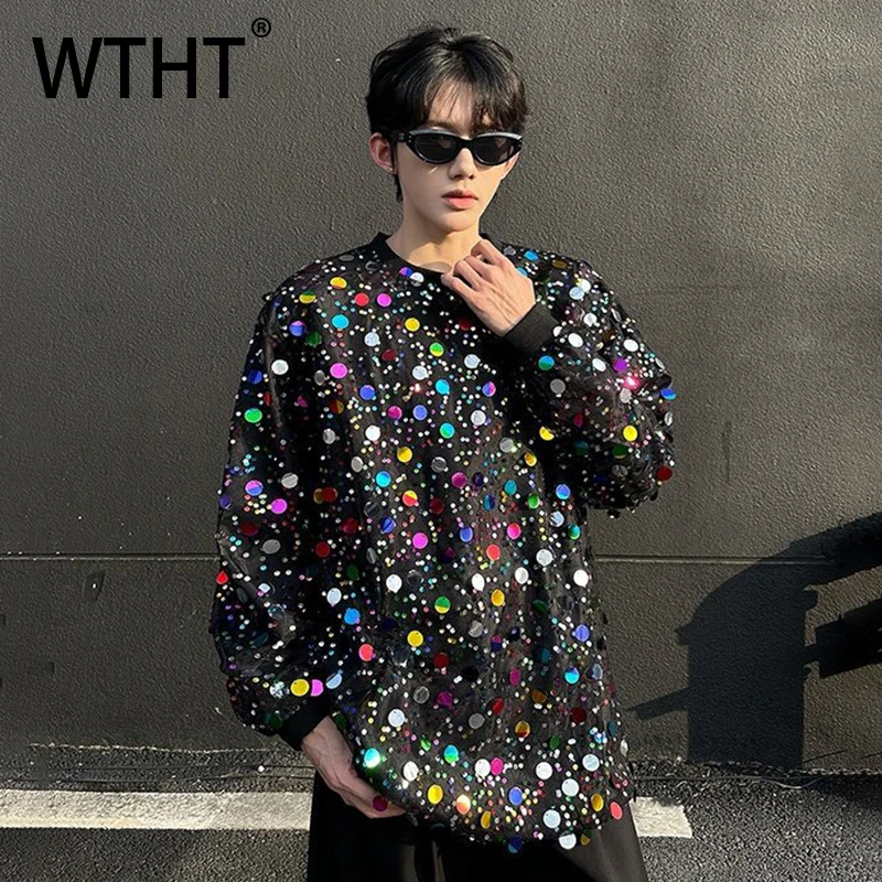 

Мужская модная футболка WTHT с цветными вставками и пайетками, повседневная, трендовая, лето 2026, уличный стиль, с круглым вырезом, пуловер, модель 2A2868