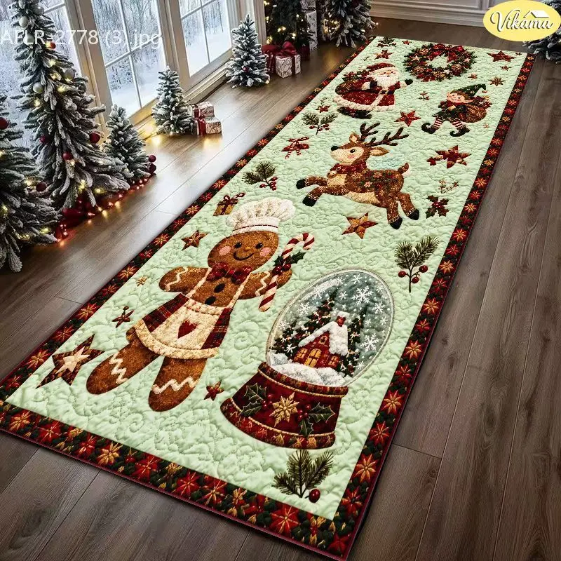 VIKAMA Reindeer Sleigh Cabin Bell Christmas Runner Rug Kitchen Living Room Hallway Floor Mat Non Slip Soft Long Rug Xmas
