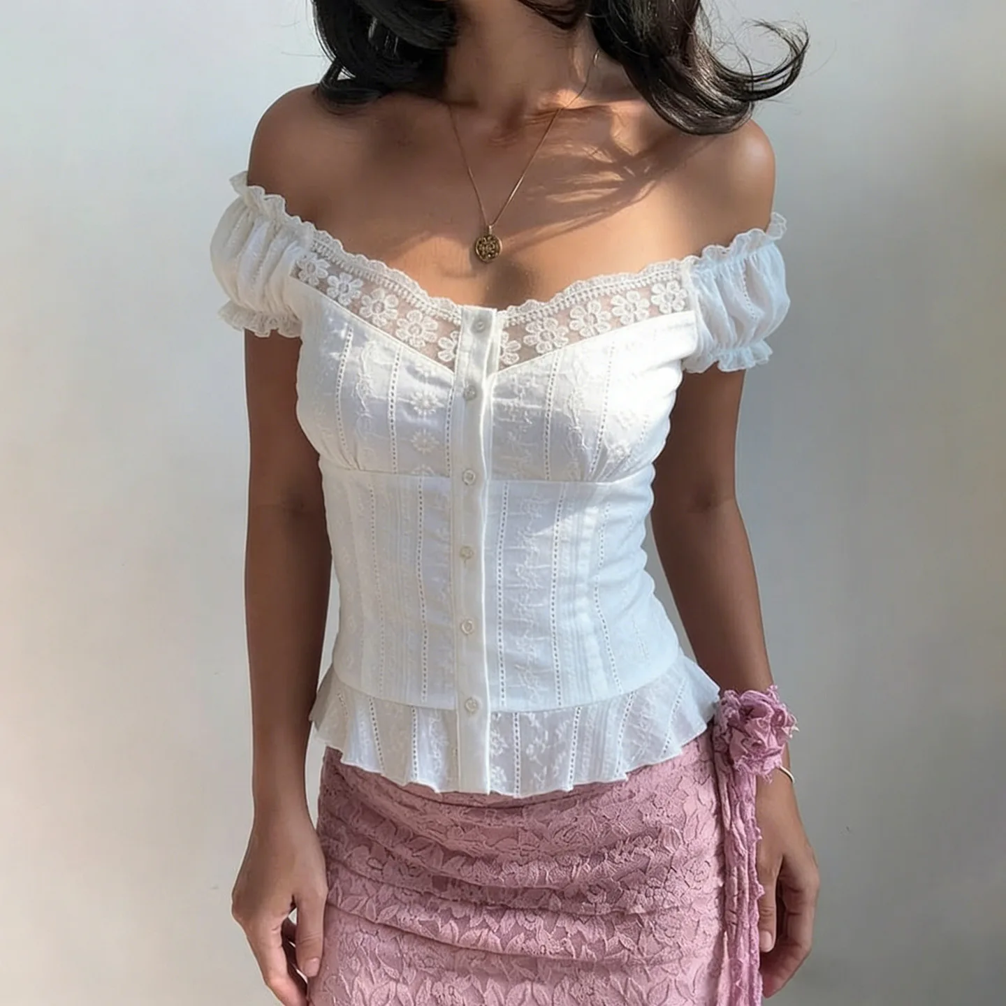 

2026 New Arrival Women's French Style Lace Trim Blouse White Hollow Out Puff Sleeve Button Front Top for Daily Wear