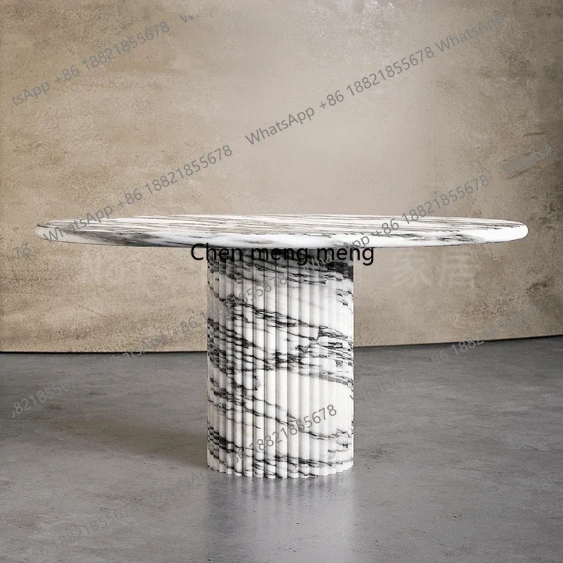 

Natural marble dining table round table big white, villa hotel restaurant round cream style dining table