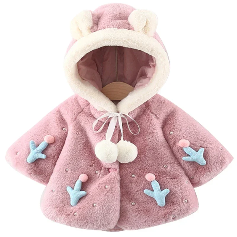 

Fall Winter Kids Jacket Newborn Baby Girls Clothes Korean Cartoon Cute Hooded Plus Thick Velvet Warm Faux Fur Toddler Coats 024