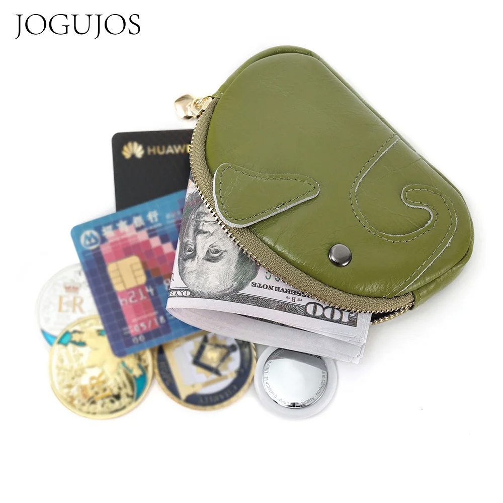 

JOGUJOS Coin Purse Wallet Genuine Leather Cute Elephant Mini Zipper Change Purse Wallet Coin Pouch with Keychain for Women Girls