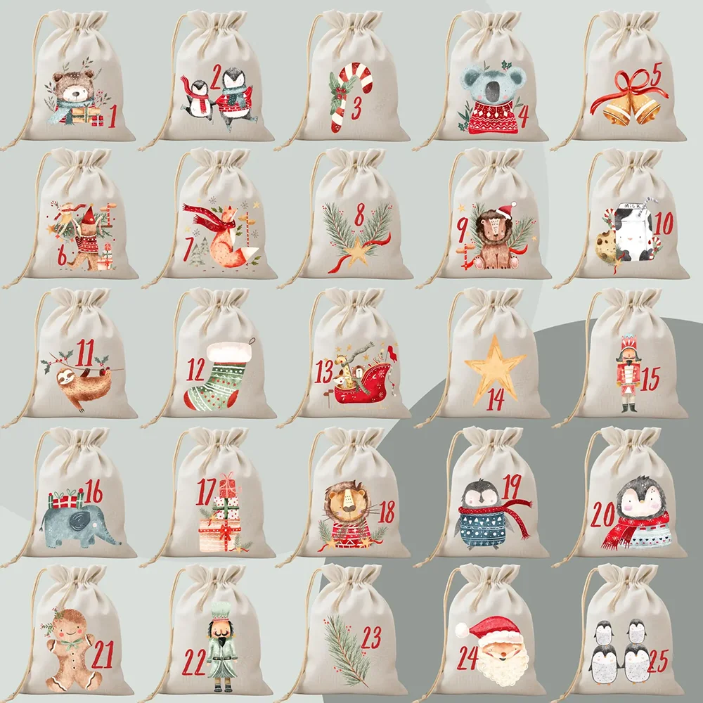 

25Pcs Advent Calendar Number Linen Drawstring Bag Winter Christmas Countdown Gift Bag Christmas Decorations New Year Accessories
