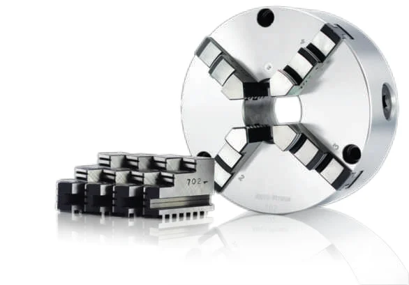 4 Jaw Scroll Chuck with Plain Back Solid Jaws (Front and Back Mounted), for High Speed Rotating Machine Tools