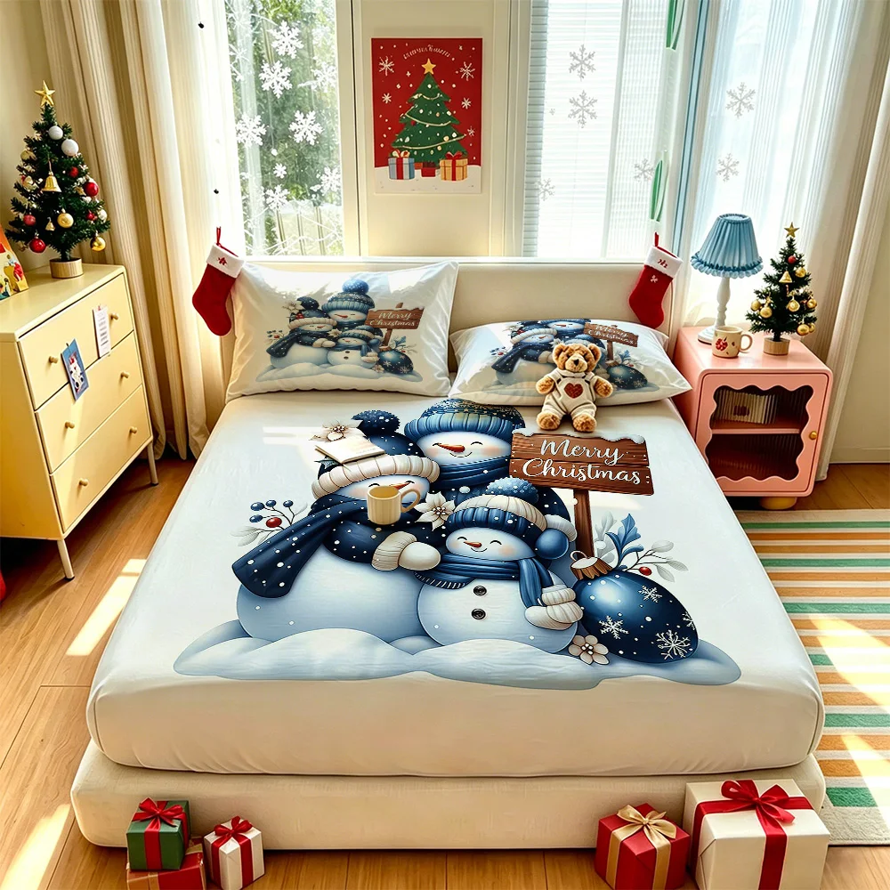 3pcs Merry Christmas Snowman Family Bedding Set Coreless Soft Comfortable 1 Bedspread 2 Pillowcases Bedroom Decoration Holida