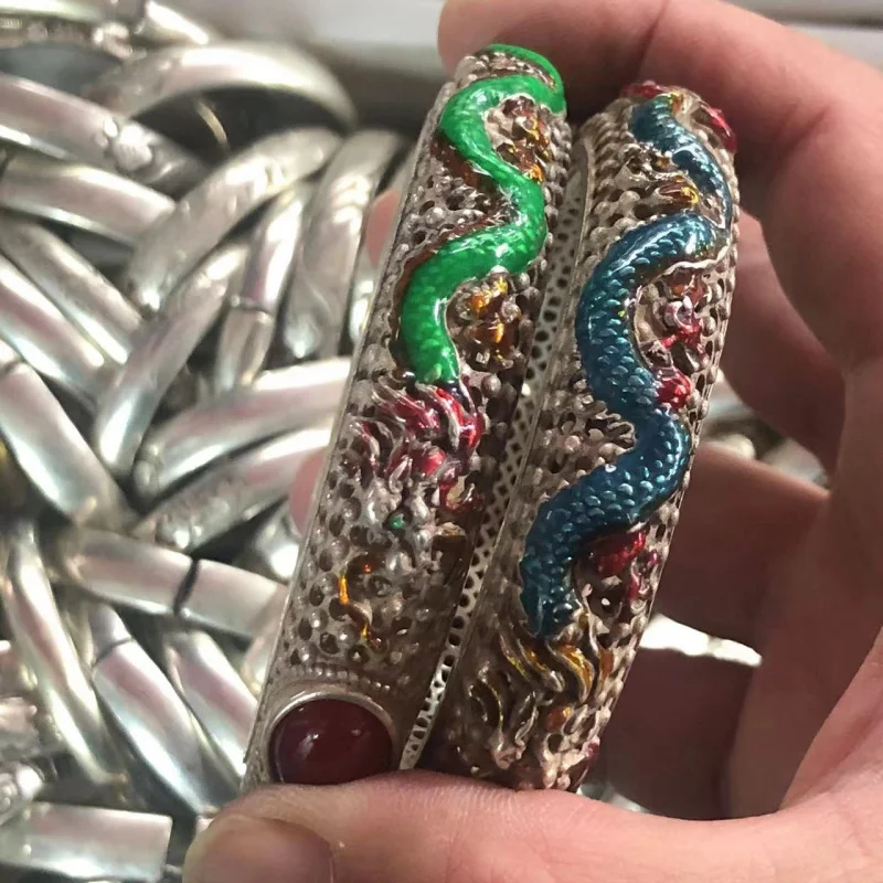 

Тибетский серебряный инкрустированный полый браслет Cloisonibles в этническом стиле для мужчин и женщин