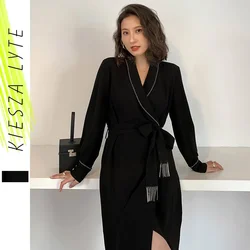 Shiny Vintage Black Chiffon Sashes Wrap Dress Ladies Long Sleeve Elegant Party Dresses 2024 Spring Autumn Women Clothes Vestidos