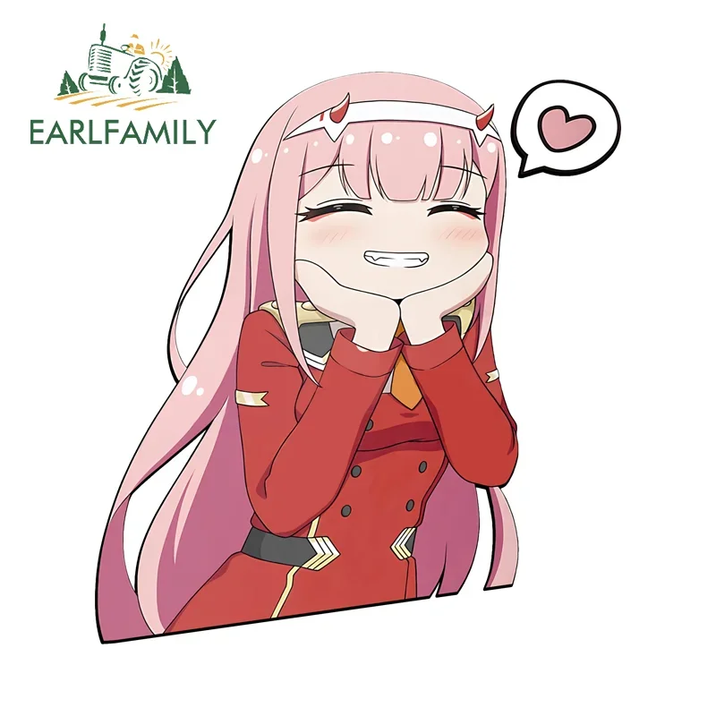 EARLFAMILY 13cm X 9.8cm For Kawaii Zero Two Girl Support Car Stickers Cute Anime Sunscreen Decal Caravan Car Refrigerators Decor