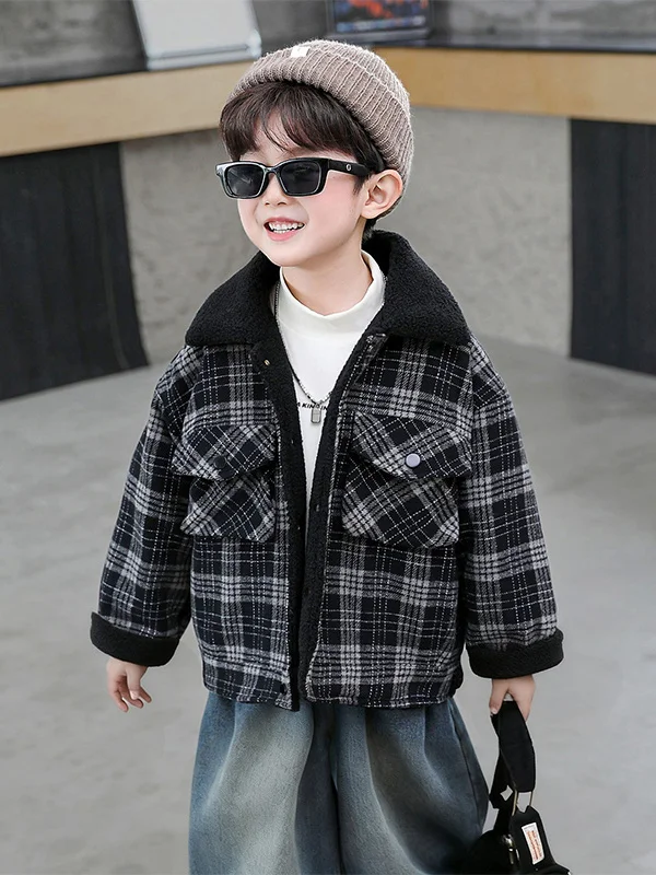 

Thiened Flannel Boys Plaid Collar Jaet Autumn Winter Warm Faionable Youth Trendy Zipper Closure Long Sve Cotton Coat