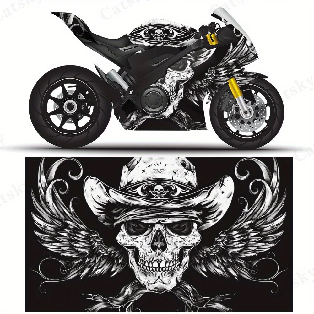Dark Wing Skull Cowboy Motorcycle Vinyl Wrap, PVC Self-Adhesive Waterproof Motorcycle Sticker, Anti-Scratch Decorative Film for