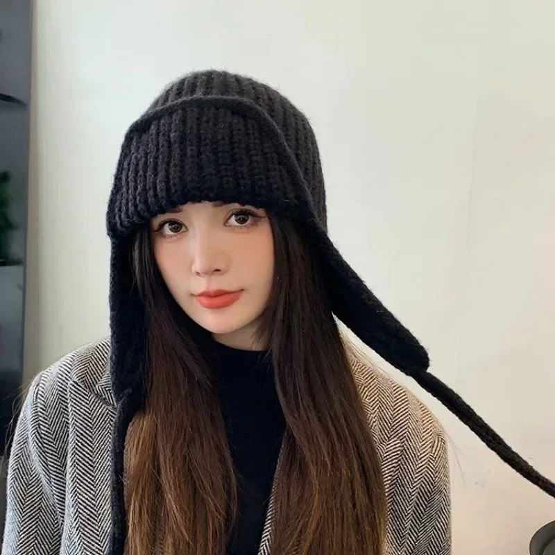 ファッション耳保護ニット帽子冬暖かい防寒フライングキャップ無地ウールかぎ針編みボンネット韓国女性ウールビーニー