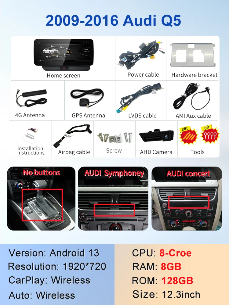 STWEI Fabrieks Prijs 8G 64G Android14 12.3 inch Carplay AUTO Voor AUDI 09-16 Q5 Auto Videospeler GPS Navigatie Bluetooth Android Radio