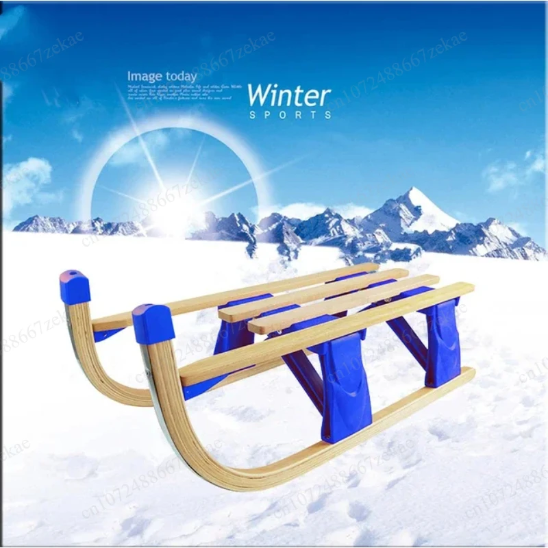 110cm Strap-Foldable Wooden Toboggan Snow Sled For Outdoor Winter For Sledding And Winter Fun