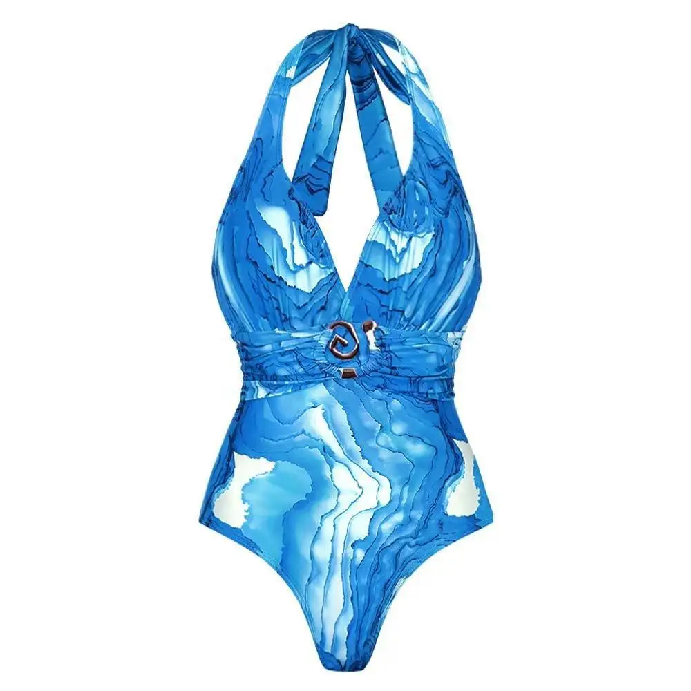 Women's Summer One Piece Swimsuit Sexy Deep V Lace Halter Neck Gauze Beach Style Dress for Ladies