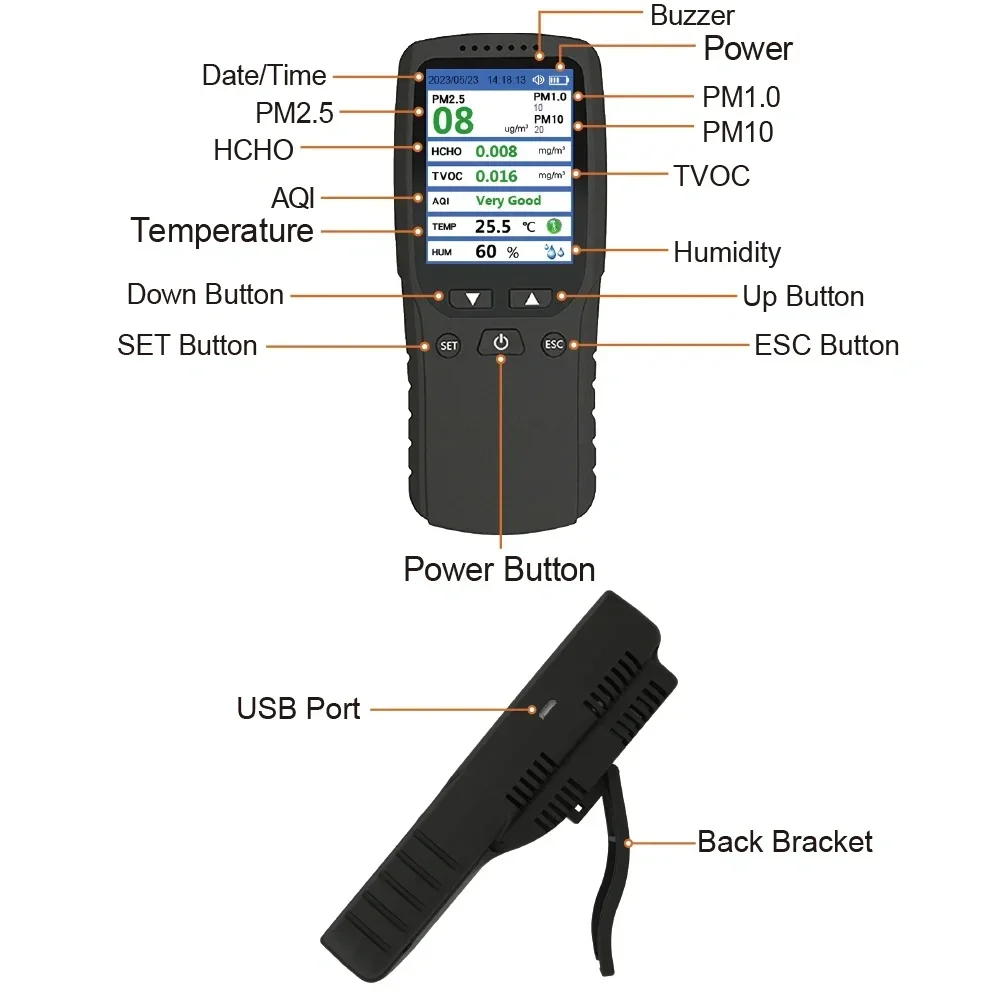 LCD 화면 및 Pm2.5 감지 기능을 갖춘 검정색 ABS 공기 모니터