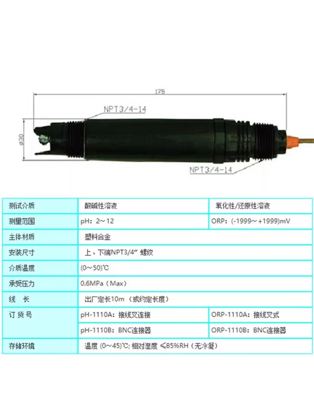 Sonda PH-1110 pH, ORP1110, eletrodo do medidor Redox
