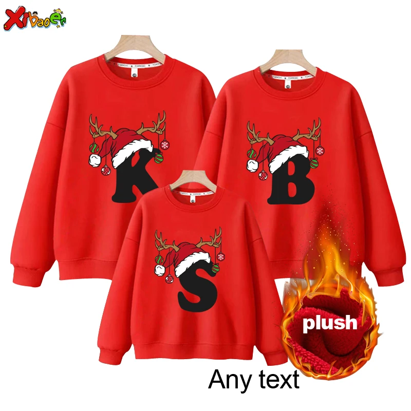 

Family Matching Outfits Merry Christmas Clothes Hoodie Winter Warm Pullover Clothing Kids Happy New Year Custom Text Family Look