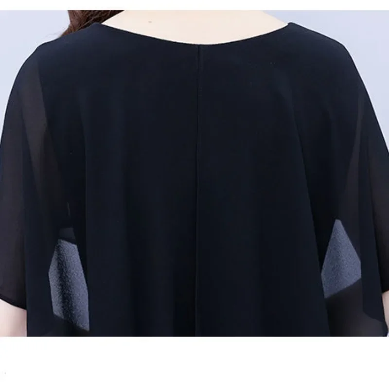 Pulôver feminino de verão, cor sólida, manga borboleta, chiffon, gola redonda, gaze confortável, em camadas, elegante, saias no joelho, vestidoszt19