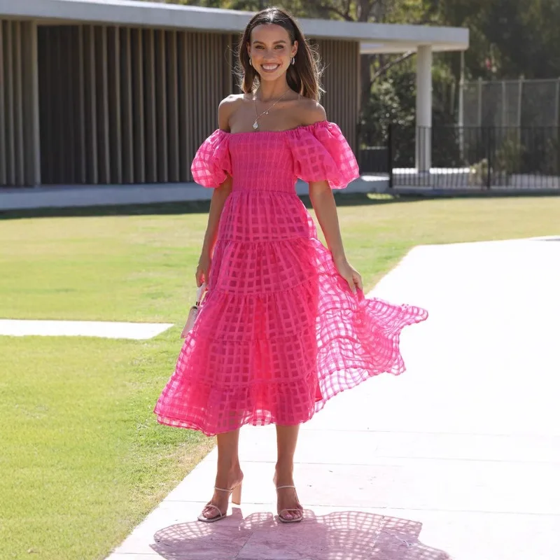 2025 novo vestido de retalhos em camadas com gola de uma peça e manga lanterna, saia fofa, vestidos de festa estilo feminino para mujer faldas