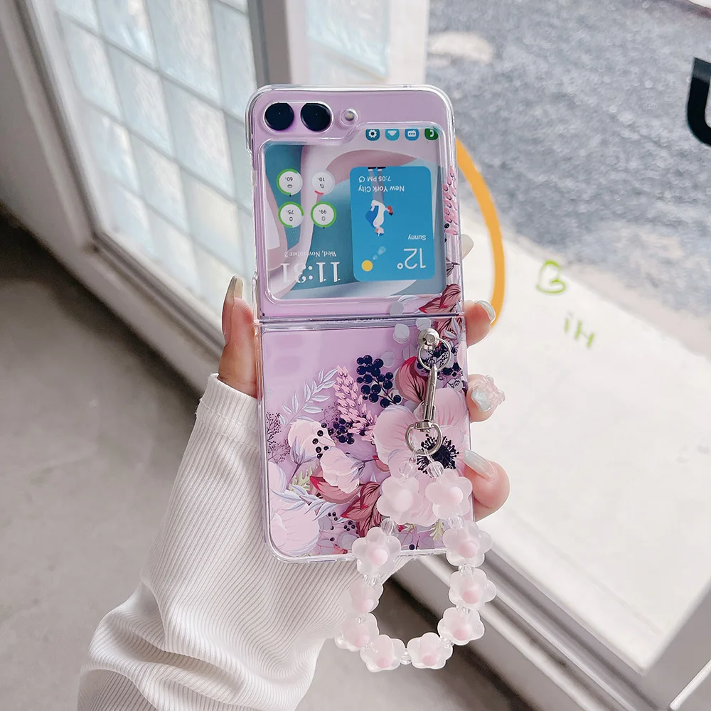 For Samsung Z Flip 5 4 3 ZFlip5 Case Hand Drawn Flowers Bracelet Transparent Folding Shockproof Protective Plastics Hard Cover