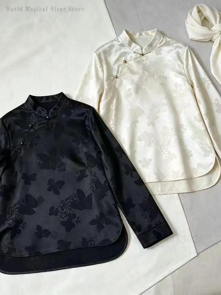 Women New Chinese Improved Cheongsam Top Stand Collar Long Sleeve T Shirt Retro Style Inner Basic Layering Blouse
